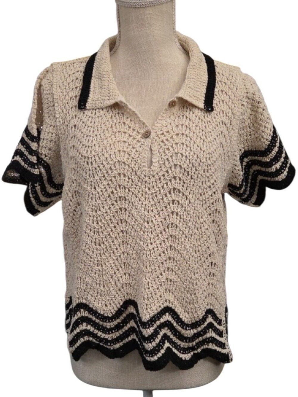 Solitaire Cream Crochet Polo Top with Black Trim Accents